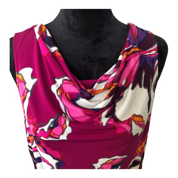 Tahari Purple Pink Geometric Floral Corpcore Cowl Neck Sleeveless‎ Tank Top Sz L - Picture 2 of 10